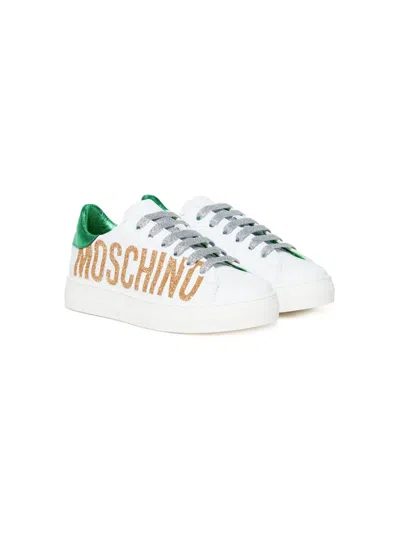 Moschino Kids' Glittered Logo-print Sneakers In White