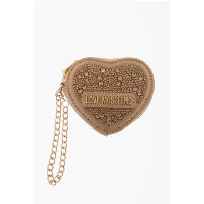 Moschino Love Heart-shaped Coin Purse Embellished With Rhinestones In Brown