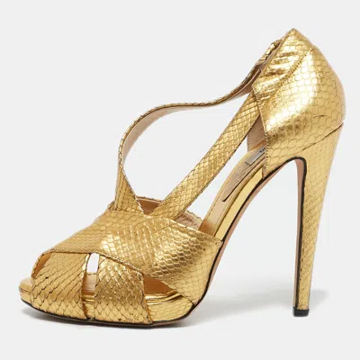 Pre-owned Moschino Gold Python Embossed Leather Peep Toe Pumps Size 40