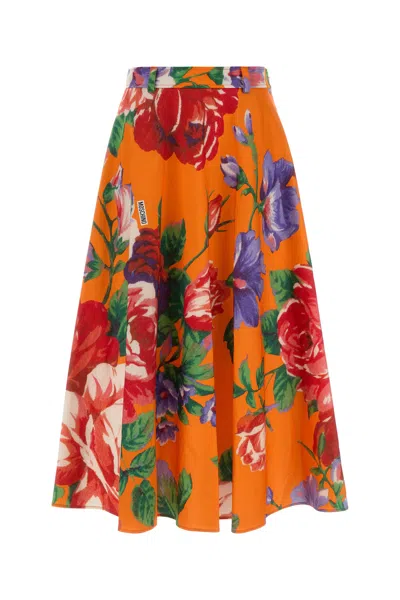 Moschino Printed Stretch Cotton Skirt In Orange
