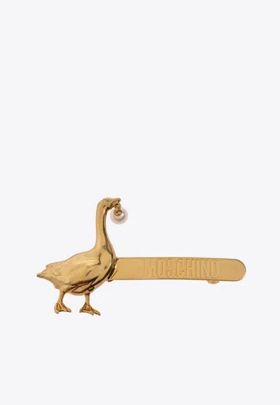 Moschino Goose And Pearl Hair Clip In Gold