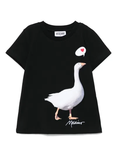 Moschino Kids' Goose-embroidered T-shirt In Black