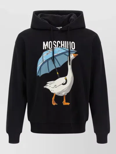 Moschino Goose Graphic Hoodie Ribbed Cuffs Hem Hood In Black