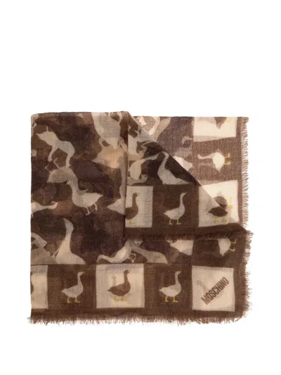 Moschino Goose-print Fringed Scarf In Brown
