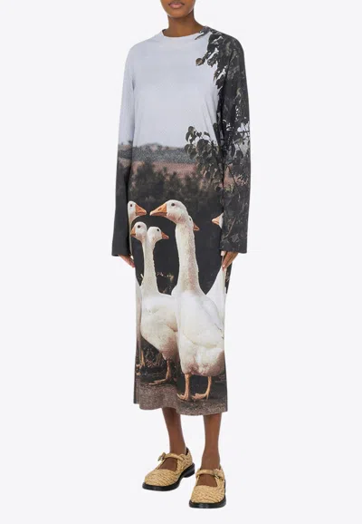 Moschino Multicolor Interlock Goose Print Maxi Dress