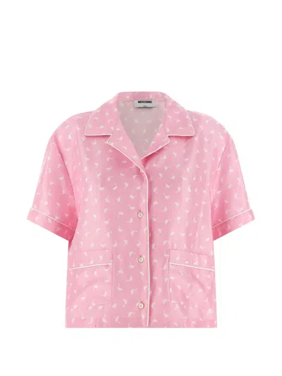 Moschino Short Sleeve Shirt Notch Collar Contrast Piping In Pink