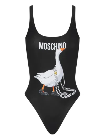 Moschino Goose-print Swimsuit In Black