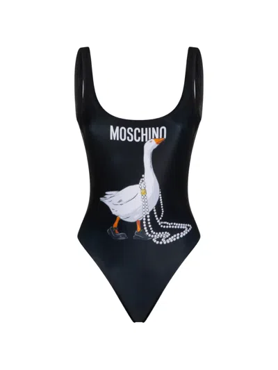 Moschino Goose-print Swimsuit In Black