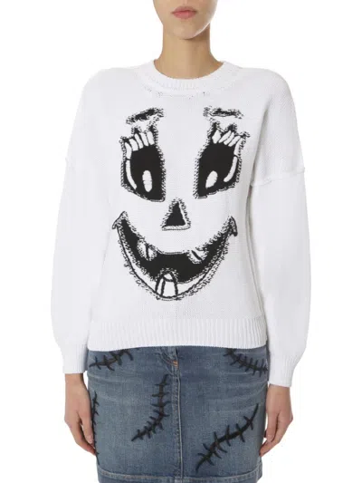 Moschino Graphic Face Round Neck Sweater In White