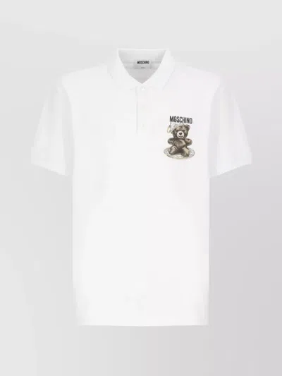 Moschino Graphic Print Cotton Polo Shirt In White