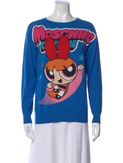 Pre-owned Moschino Graphic Print Crew Neck Sweater In Blue