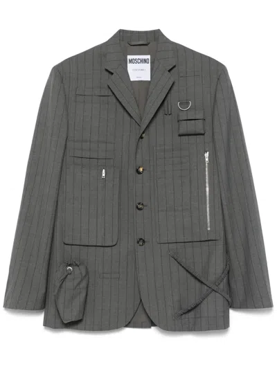 Moschino Graphic-print Pinstriped Blazer In Grey