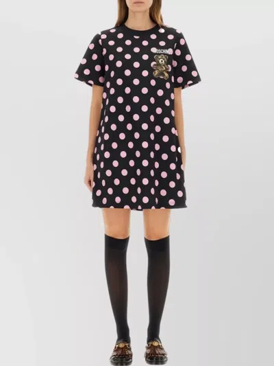 Moschino Graphic Print Polka Dot Short Sleeve Dress In Black