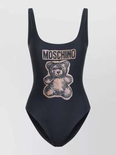 Moschino Graphic Print Swimsuit High Cut Scoop Neckline In Black