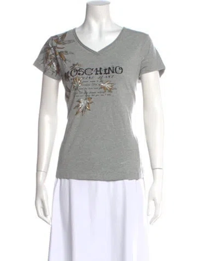 Pre-owned Moschino Graphic Print V-neck T-shirt In Gray