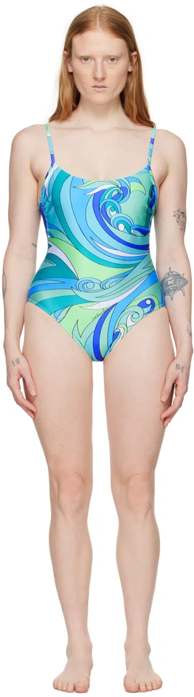 Moschino Green & Blue Printed One-piece Swimsuit In A1366 Green