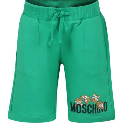 Moschino Green Shorts For Kids With Teddy Bears And Logo
