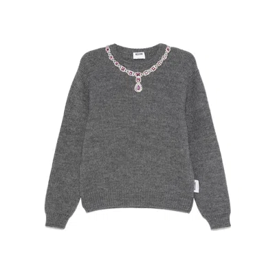 Moschino Embellished Crew Neck Knitwear In Gray