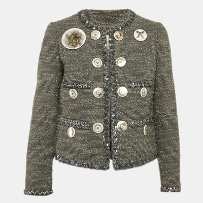 Pre-owned Moschino Grey Tweed And Boucle Wool Badge Detail Jacket M