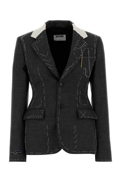 Moschino Embroidered Wool Canvas Jacket With Notch Lapel In Gray
