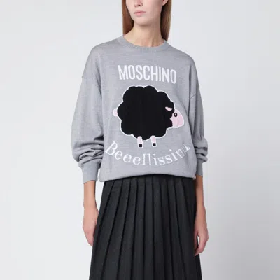 Moschino Grey Wool Sweater With Intarsia Logo In Animal Print