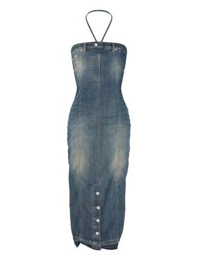 Moschino Halterneck Denim Midi Dress In Blue