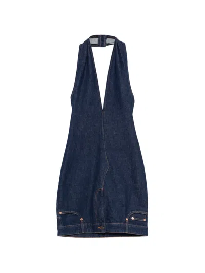 Moschino Halter-neck Denim Mini Dress In Blue