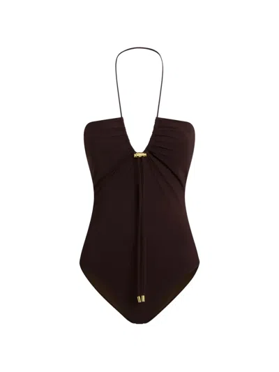 Moschino Halterneck Ruched Swimsuit In Brown