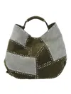 Moschino Green Patchwork Studded Leather Handbag In Gray