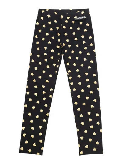 Moschino Kids' Heart-print Cotton Leggings In Black/gold