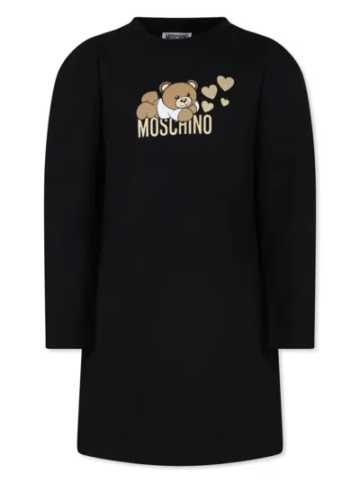 Moschino Kids' Teddy Bear-print Long-sleeve Dress In Black