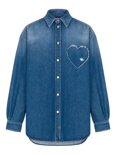 Moschino Shirt Heart Patch Long Sleeves Silk Nylon In Blue