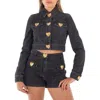 Moschino Heart Buttons Cropped Denim Jacket In Black
