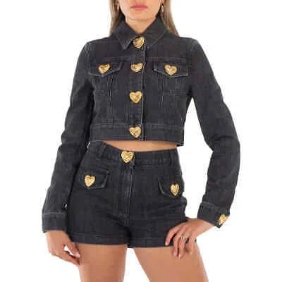 Pre-owned Moschino Heart Buttons Cropped Denim Jacket In Black