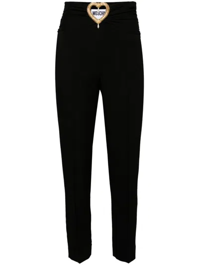 Moschino High-waisted Tailored Trousers With Heart Cut-out And Bead Embellishments In Black