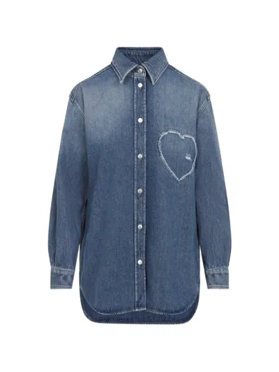 Moschino Denim Shirt Heart Motif Curved Hem In Blue