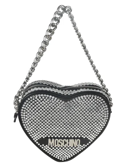 Moschino Heart Embellished Chain Shoulder Bag  In Black