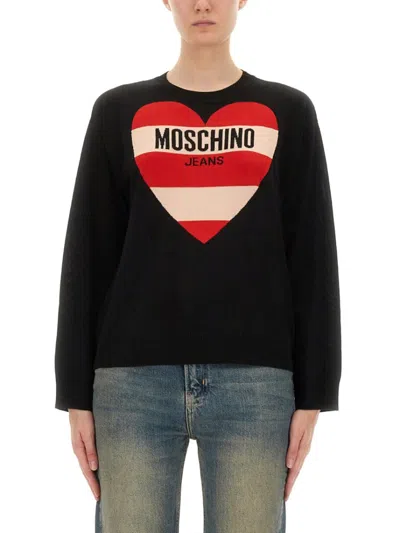 Moschino Heart Graphic Knit Sweater With Crew Neckline In Black