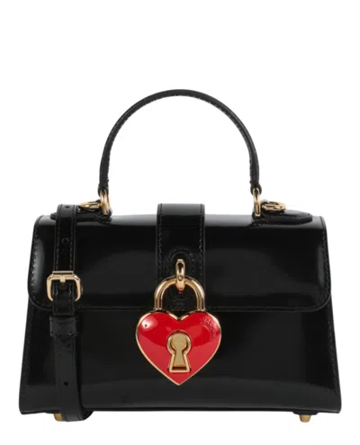 Moschino Heart Lock Patent Leather Shoulder Bag In Black