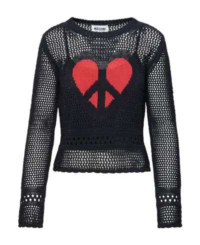 Moschino Heart-motif Pointelle-knit Jumper In Black