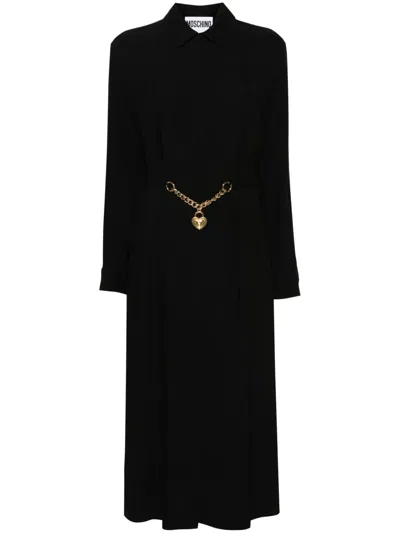 Moschino Heart-padlock Belted Shirtdress In Black