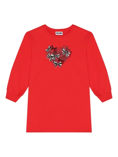 Moschino Kids' Heart-print Cotton Dress In Red