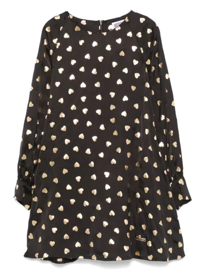 Moschino Kids' Black Dress With All-over Heart Print In Viscose Girl In Multicolor