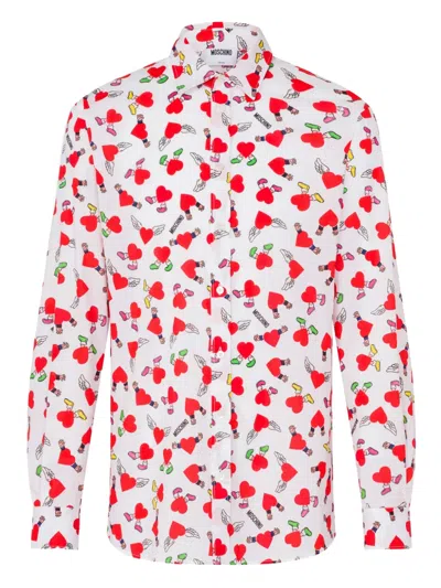 Moschino Long-sleeve Button-up Shirt With Playful Heart And Cherry Print In White