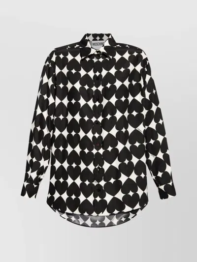 Moschino Camicia Stampa All Over Optical Su Raso Opaco Di Seta In Black