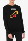 Moschino Black Intarsia Heart Safety Pin Sweater In Black