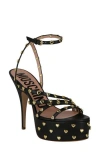 Moschino Heart Studded Platform Heels Woman Sandals Black Size 8 Tanned Leather In Black
