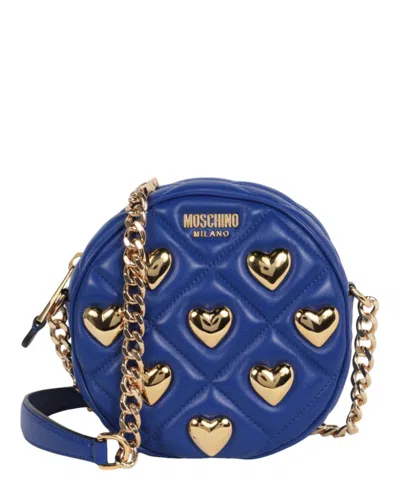 Moschino Heart Studs Quilted Shoulder Bag In Blue