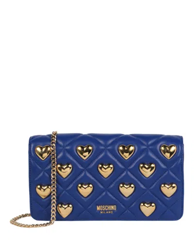 Moschino Heart Studs Quilted Shoulder Bag In Blue