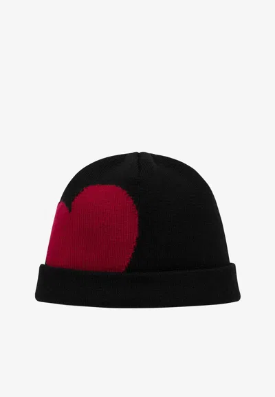 Moschino Heart-motif Intarsia-knit Beanie In Black